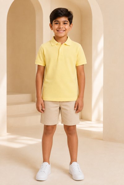Loule Children's Unisex Light Yellow Short Sleeve Polo Collar T-Shirt 100% Cotton Lakos Fabric