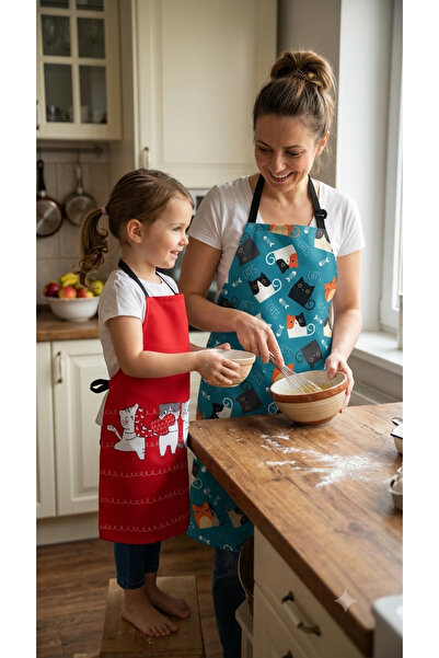 KEDİ Cute Mother-Daughter Themed 2-Piece Kitchen Apron Set
