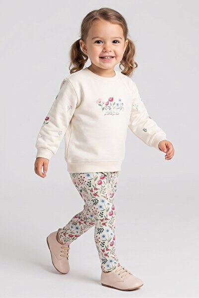 Dmb Floral Patterned Baby Girl Sweatshirt and Leggings Set