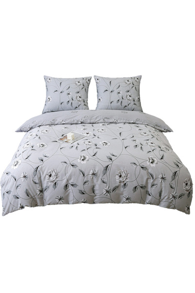 Cotton World Lenjerie de pat din satin 160x200cm Flori Gri Cenușiu Alb