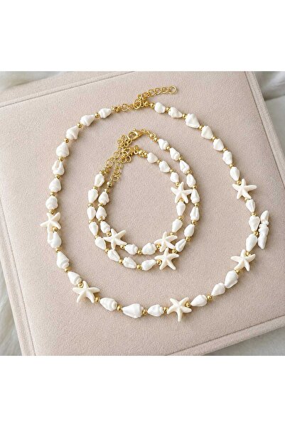 BNG AKSESUAR Seashell Necklace Bracelet Anklet Set Gold Detailed Summer Bohem...