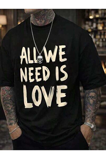 NOURAM تي شيرت رجالي كبير الحجم _ALL WE NEED IS LOVE_ - تي شيرت كاجوال برقبة ...