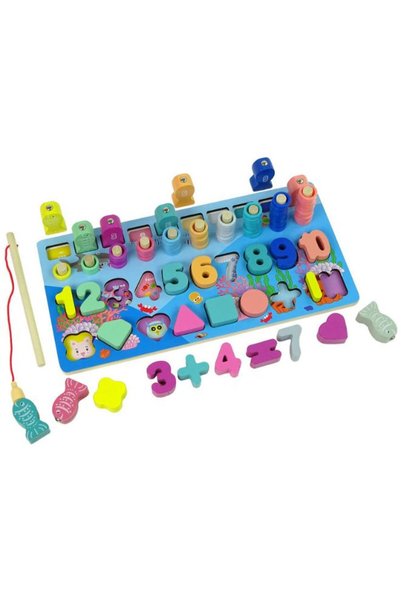 Fatio Early Learning Toys for Toddlers, Educational Wooden Board 5 in 1 Numbers Action Math Counting Fish Catching, Wooden Montessori Toys, Wooden Logarithmic Toy