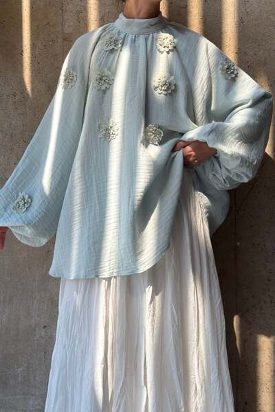 Faya Boutique Blue Floral Talise Balloon Sleeve Muslin Tunic