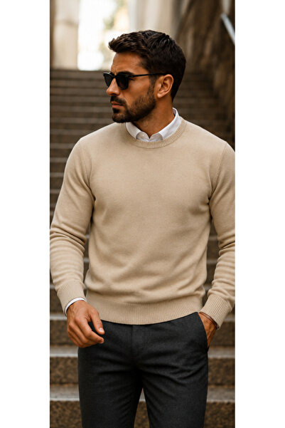 comstar Men's Daily Trend Crew Neck Cream Knitwear Sweater