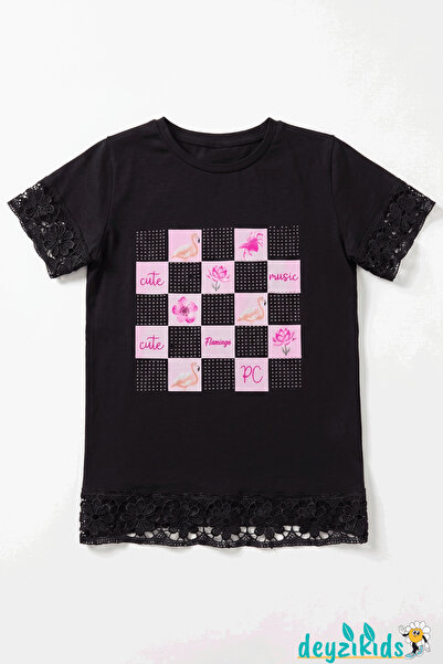 Cute Flamingo Baskı Taş İşlemeli Yuvarlak Bisiklet Yaka Dantel Kollu Esnek Kumaş Yaka Tek Üst T-shirt 5-6-7-8-9-10-11-12 Yaş