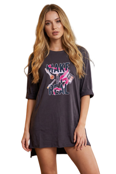OEM Tricou de damă supradimensionat din bumbac cu imprimeu Make Up Real, TG-3...