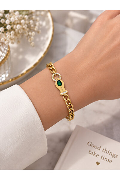 Bymiel 316L Stainless Steel Gold Color Green Stone Detailed Chain Women's Bra...
