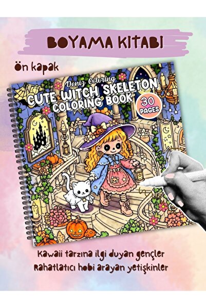 Sevimli Cadı İskelet Kawaii Boyama Kitabı - Stres Giderici Çizim ve Aktivite Kitabı
