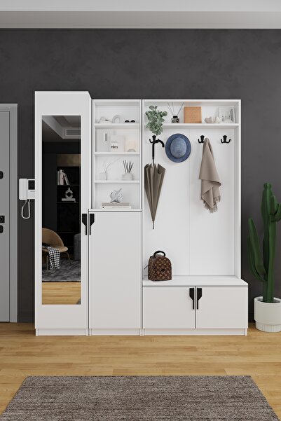 asratrend Lüks Aynalı Portmanto Askılı Vestiyer %100 MDF Çok Raflı Ayakkabılı...