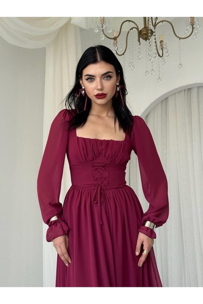 Clothes Fast Women's Burgundy Chiffon Corset Tie-Up Square Neck Long Sleeve L...