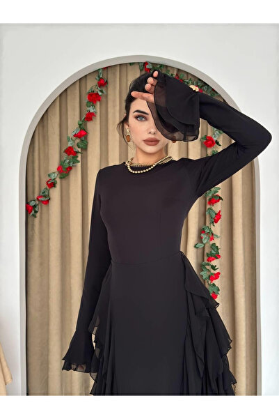 Clothes Fast Γυναικείο μαύρο μίντι φόρεμα με λαιμόκοψη ποδηλάτου, μακρυμάνικο...