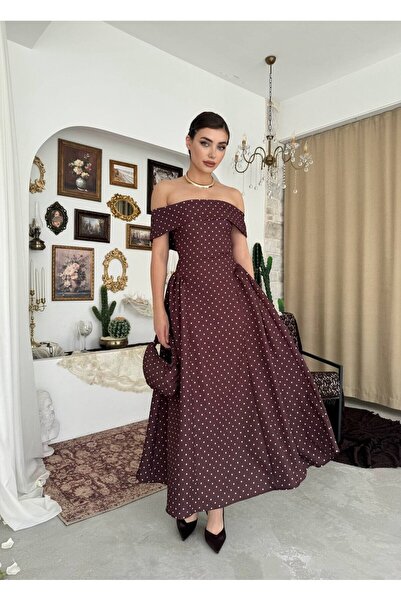 Clothes Fast Women's Brown Strapless Polka Dot Atlas Fabric Midi Length Flare...
