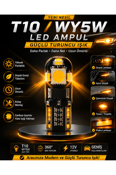 DuoLight T10 WY5W Turuncu Amber LED Ampul 12V Canbus Park Plaka Sinyal Ayna Ç...