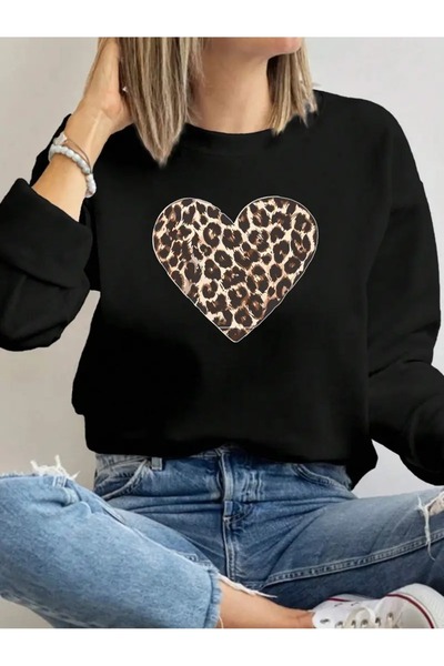 JENOLAN Women's Leopard Heart Printed Crew Neck Gray Black Sweatshirt Oversiz...