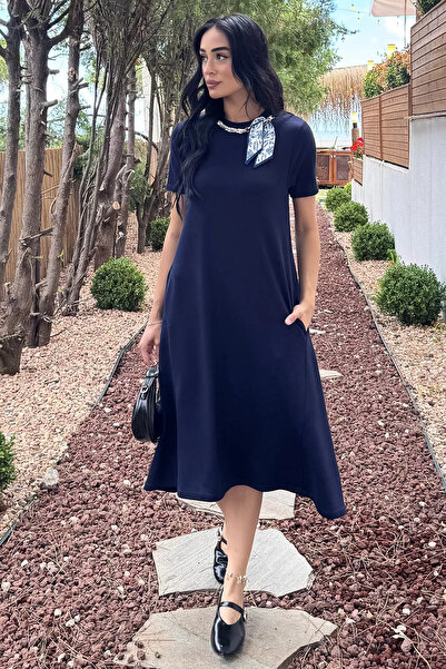 Aryena Navy Blue Women's Dress with Scarf Accessory