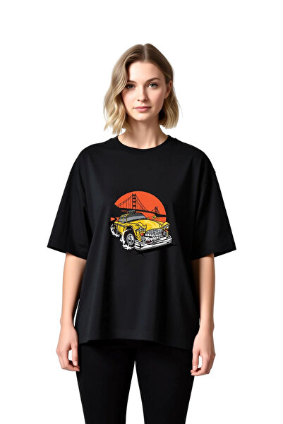 PayBuy Women's Oversize T-Shirt Nostalgic Taxi Cartoon Print Relaxed Fit Casu...
