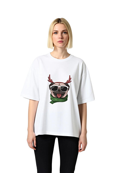 PayBuy Women's Oversize T-Shirt 100% Cotton Pug with Glasses Reindeer Antlers...