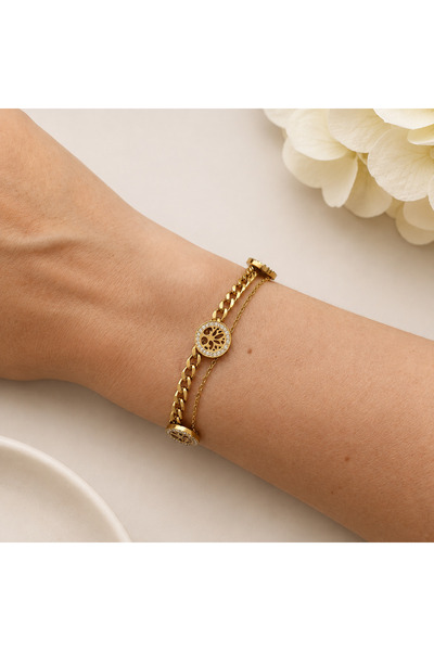 GlaMLo Accessories Double Bracelet in Gilded Stainless Steel with Tree of Lif...