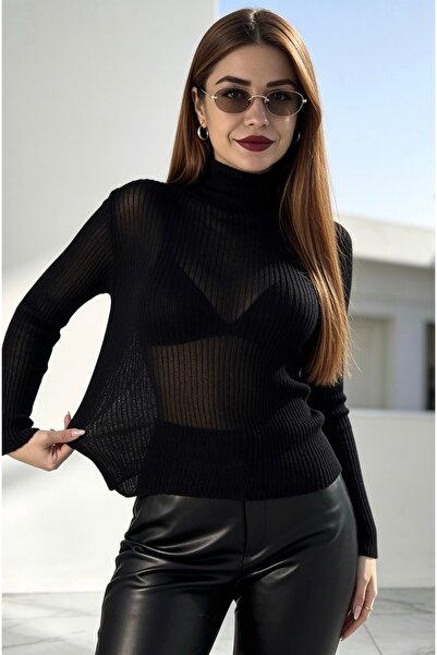 aurabutikstyle Kadın Siyah Fitilli Triko Balıkçı Yaka Kazak