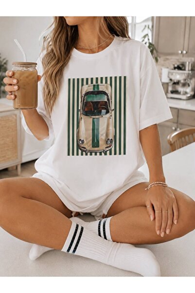 LELVANİ Women's Green Striped Open Top Sports Car Printed T-Shirt
