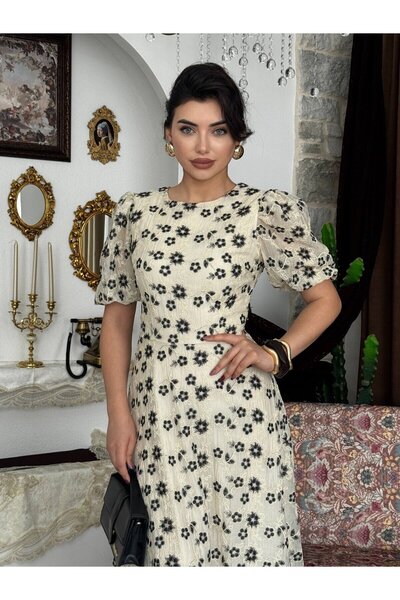 Clothes Fast Rochie midi neagră de damă, cu decolteu rotund, cu imprimeu flor...