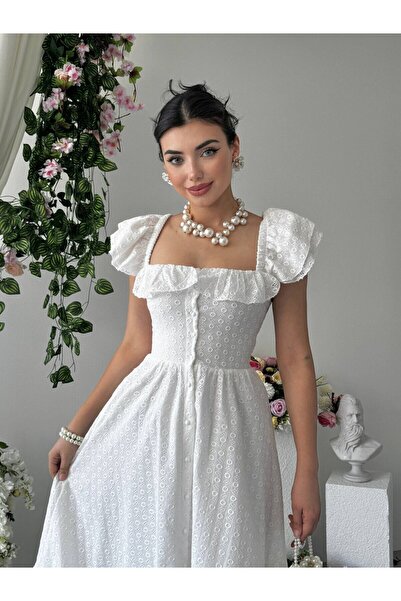 Clothes Fast Women's White Midi Dress Square Collar Ruffled Short Sleeve Butt...