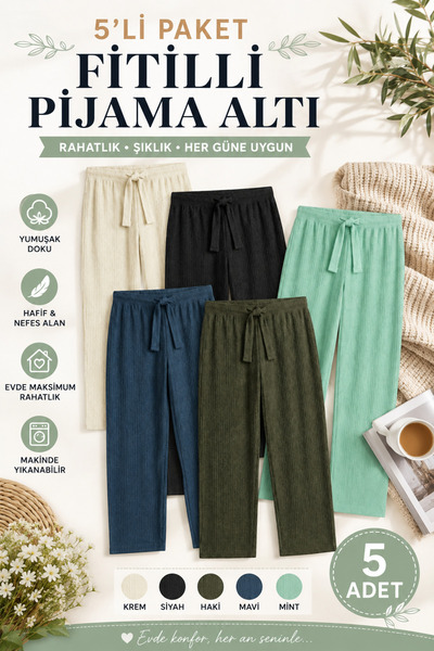 Organik Yolda 5 Pieces Women's Ribbed Pajama Bottoms |   Comfortable Cut Home...
