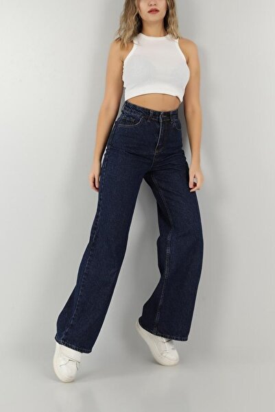 BROSERER Berlin Navy Blue Casual High Waist Wide Leg Women's Casual Jeans Pal...