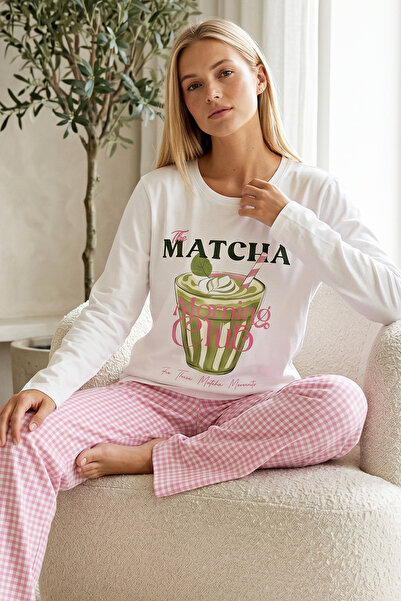 Siyah İnci White Patterned Cotton Lycra Knitted Pajama Set26240302