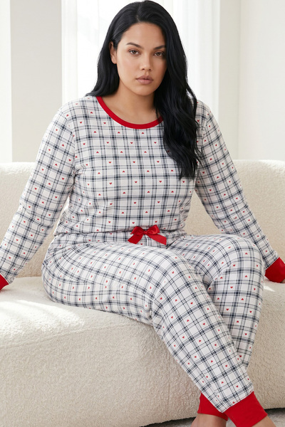 Siyah İnci Plaid Patterned Cotton Lycra Large Size Oversized Knitted Pajama S...