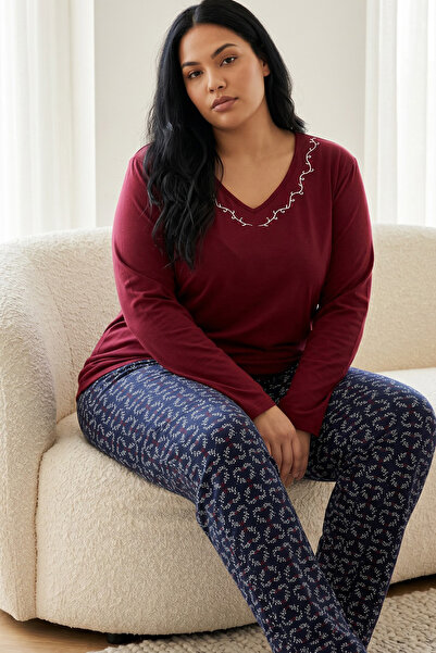Siyah İnci Burgundy Patterned Embroidered Cotton Lycra Large Size Oversized K...