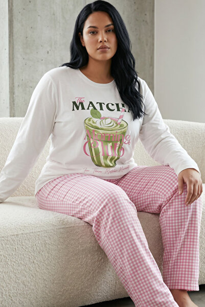 Siyah İnci White Patterned Cotton Lycra Large Size Oversized Knitted Pajama S...