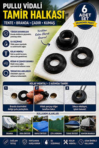 Tor Store 6'lı Set Pullu Vidalı Güneşlik Yağmurluk Branda Tente Çadır Kumaş D...