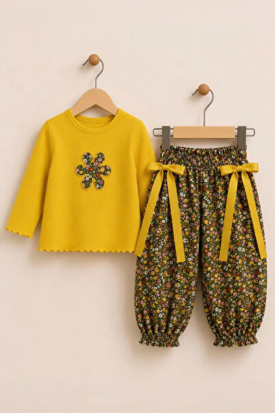 Minigimin Cicileri Vintage Floral Patterned Shalwar Set for Girls - Yellow