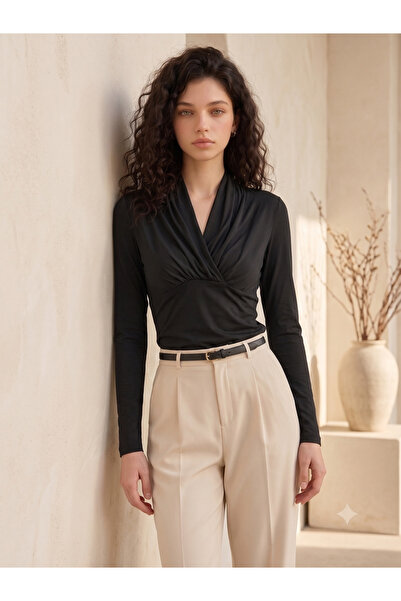 peralist Women's Black Double-Breasted V-Neck Blouse with Shoulder Padding an...