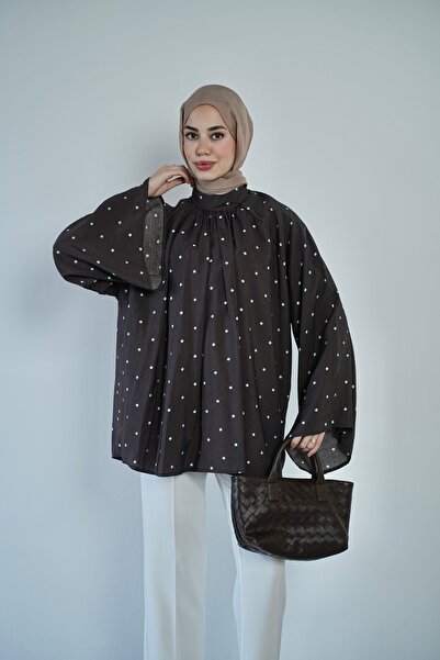 QUWİQ Women's Polka Dot Spanish Sleeve Draped Hijab Shirt