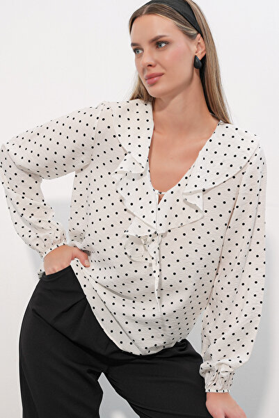 Bigdart Women's Collar Detailed Polka Dot Blouse 40034 - B.White
