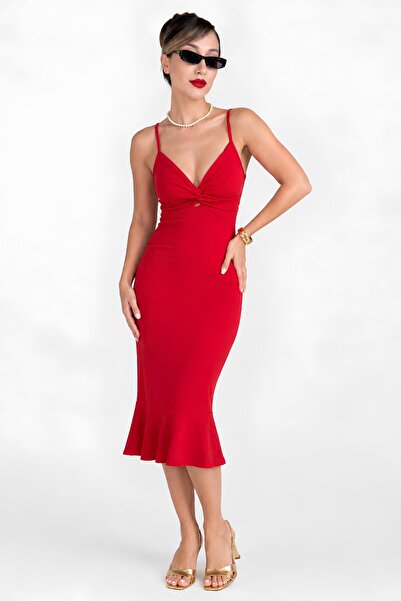 MOVİMENT Women's Red Bodycon Midi Dress |   Thin Straps V-Neck |   Cut Out Lo...