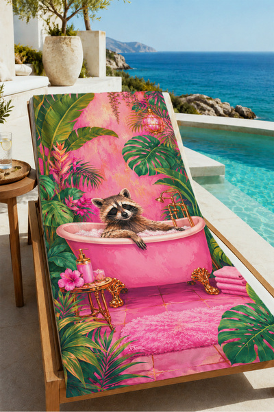 Evmila Maximalist Bathtub with Raccoon Tropical Leaf Pattern 70X150 Beach Tow...