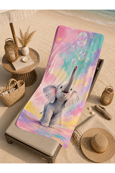 Evmila Watercolor Elephant Baby with Floral Pattern 70X150 Beach Towel - Digi...