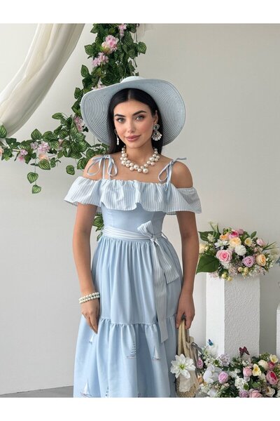 Moda Days Women's Patterned Dress with Off-Shoulder Design, Ruffles, Belted L...