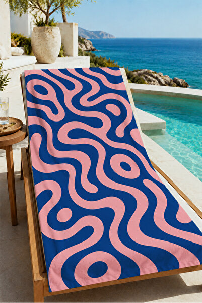 Evmila Psychedelic Navy Blue Pink Wavy Line Patterned 70X150 Beach Towel - Di...