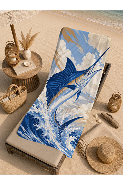 Evmila Prosop de plajă 70x150 cu model Ocean Wave, cu pește marlin și marinar...