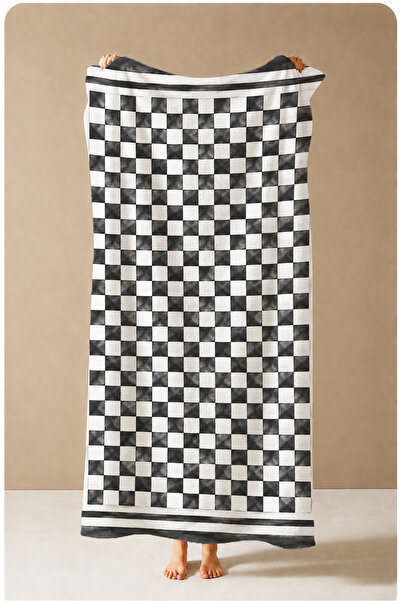 Evmila Pastel Peach Mint Checkered Patterned 70X150 Beach Towel - Digital Pri...
