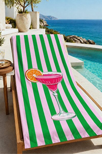 Evmila Retro Green Pink Striped Cocktail Patterned 70X150 Beach Towel - Digit...
