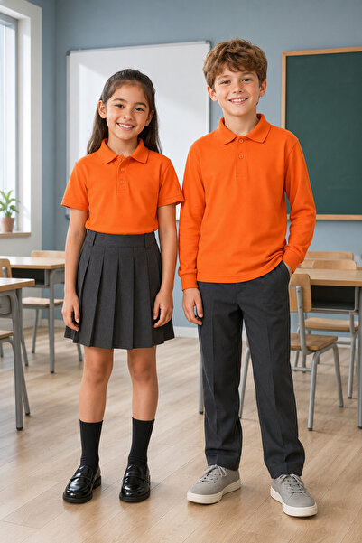 QKK Children's Unisex Orange 2-Piece Polo Collar School T-Shirt Set Short Sle...