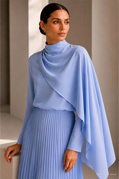 Zühre Blue Blouse with Shawl Detail 0146