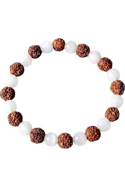 Moon of Noon Rudraksha & White Jade Beaded Bracelet – Natural Gemstone Stretc...