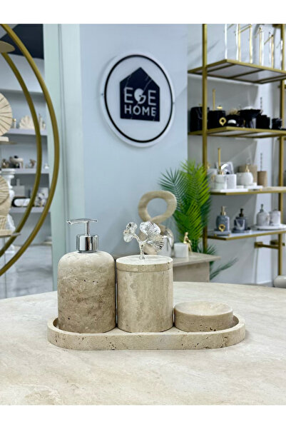 ege gross Decorative Travertine Natural 4-Piece Bathroom Set with Silver Details